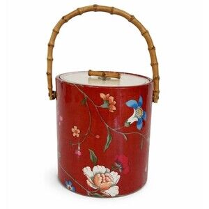 Vintage Vinyl Floral Asian Inspired Ice Bucket Retro MCM Regency Red Bamboo